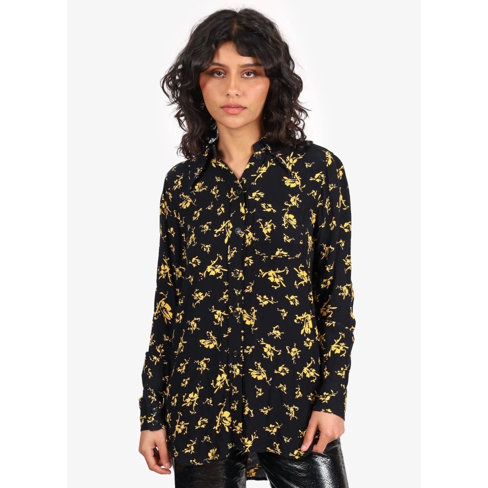 Ganni Black‎ Yellow Floral Viscose Button Down Long Sleeve Shirt Blouse Size 34